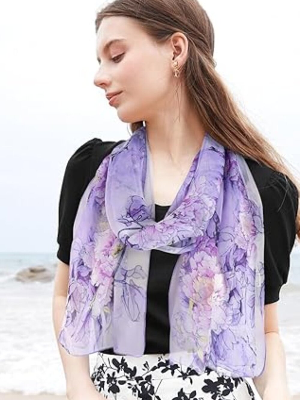 Beautiful Purple Chiffon Summer Scarf Floral Pattern Measures approx. 63" x 20"